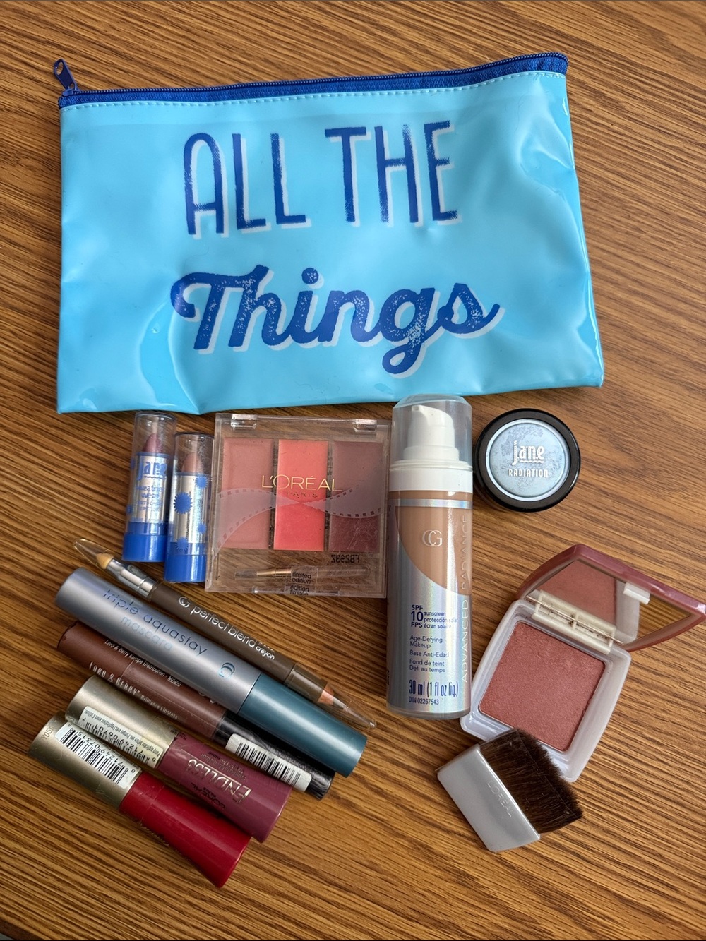Assorted Makeup Essentials Kit with Aqua blue travel bag “All the things” 12 pc